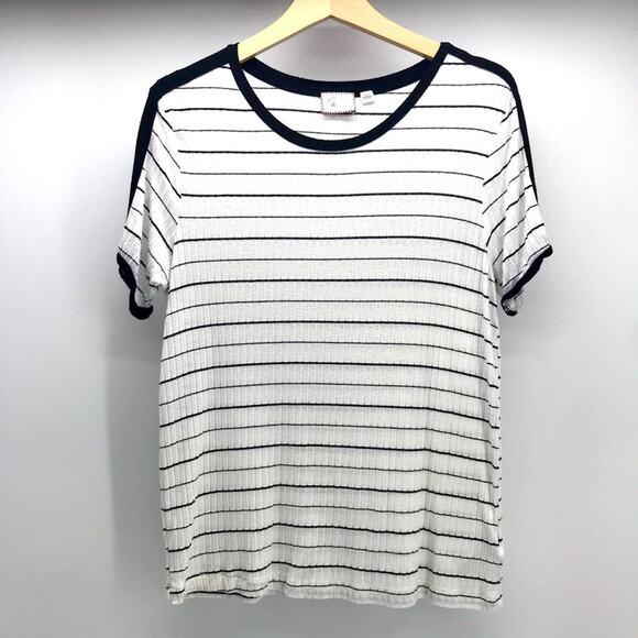 Anthropologie Postmark Top Womens Small Black White Stripe Ribbed Short Sleeve - Picture 1 of 9